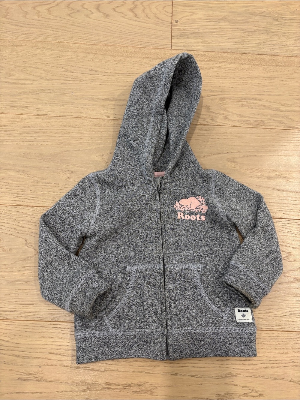 Roots Toddler Salt and Pepper Zip Hoodie with Pink Logo